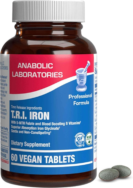 Iron and Vitamin C Supplement for Women - 60 Vegan Tablets Time Release Iron - Contains Iron, Calcium, Folate, Vitamin B6, B12, and C - TRI Iron