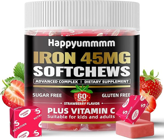 Iron Soft Chews Supplement with Vitamin C | Strawberry Flavored | Gluten Free | Iron Supplement for Women Men and Kids | 60 Count | 2 Month Supply