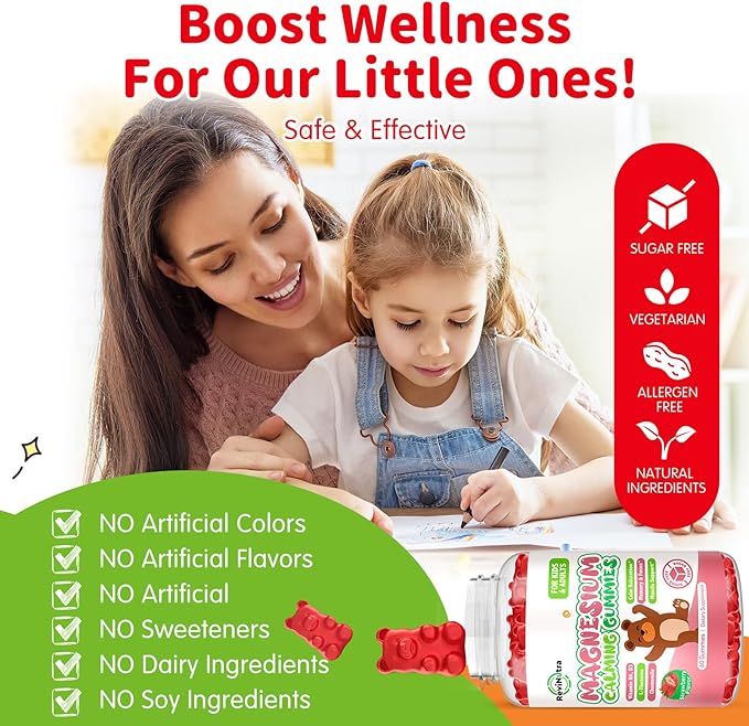 Magnesium Gummies for Kids - Magnesium Glycinate Gummies Supplement with L-Theanine, Vitamin B6, D3 for Kids & Adults Sleep, Calm, Relaxation, Brain, Bones, Sugar Free Strawberry 60ct