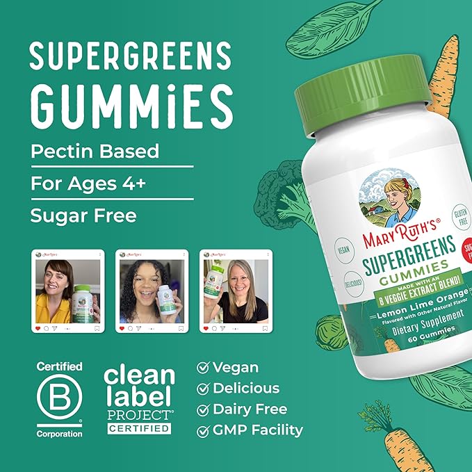 MaryRuth Organics Super Greens Gummies | Naturally-Occurring Quercetin for Adults and Kids Ages 4+ | Sugar Free | 2g Fiber Per Serving | Vegan | No Gelatin | Pectin Based | 60 Count | 30 Servings