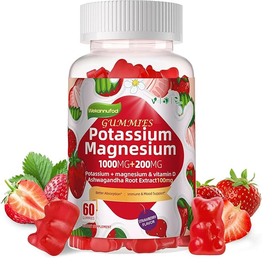 Potassium Magnesium Gummies,High Absorption Magnesium Glycinate,B6,D3,Potassium Citrate for Leg Cramps,Muscle,Electroyte for Adults Kids,Sugar-Free, 60 Gummies (Strawberry Flavor)