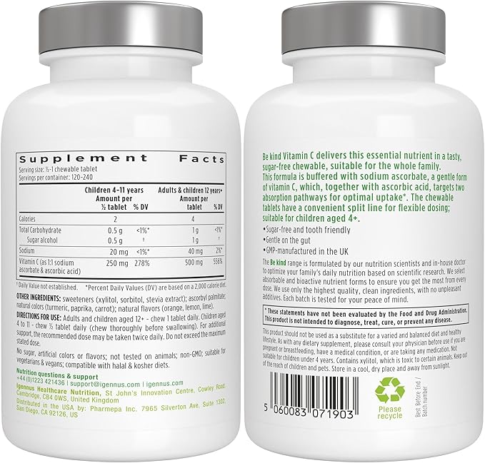 Igennus Gentle Buffered Vitamin C Chewable 500mg, No Artificial Colours & Natural Sugar Free Orange & Lemon Flavours, Kids & Adults, Vegan, Non-GMO, 120 Servings