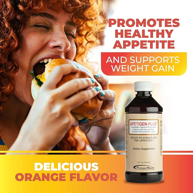 Apetigen-Plus® Vitamin B1, B2, B3, B5, B6, B12, Zinc, Iron, L-Lysine Liquid Supplement, Appetite Weight Gain Stimulant for underweight Kids and Adults, Sugar-Free, No Fish Oil, Orange-Flavored, 16oz