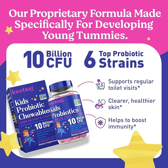 lovebug PROBIOTICS for Kids – Probiotic Chewables with Prebiotic Fiber for Age 4+, Daily Children's Gut Health, Constipation, Digestive & Immune Support Supplement, Sugar-Free Berry Flavor, 60 ct