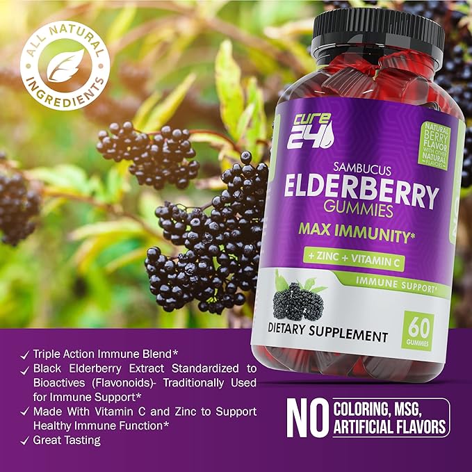 Sambucus Elderberry Gummies + Vitamin C + Zinc for Kids & Adults, X3 Immune Support, Natural Flavors + Ingredients, Vegan, Non-GMO, Made in USA (60)
