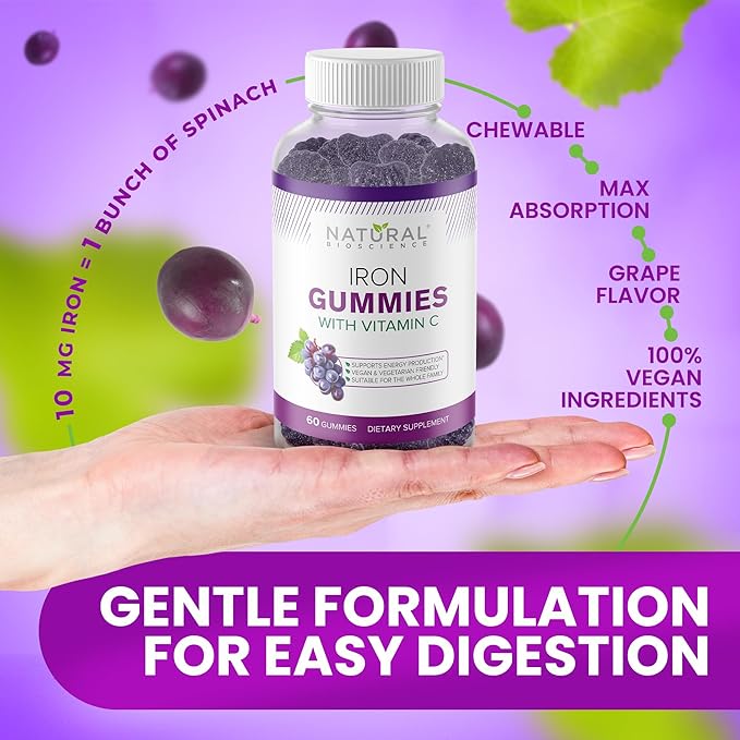 Iron Gummies with Vitamin C - Chewable Iron Supplement for Adults & Kids, Iron Deficiency Anemia, Red Blood Cell Support, Energy, Immune Function, Brain Health, Max Absorption, 60 Vegan Gummies