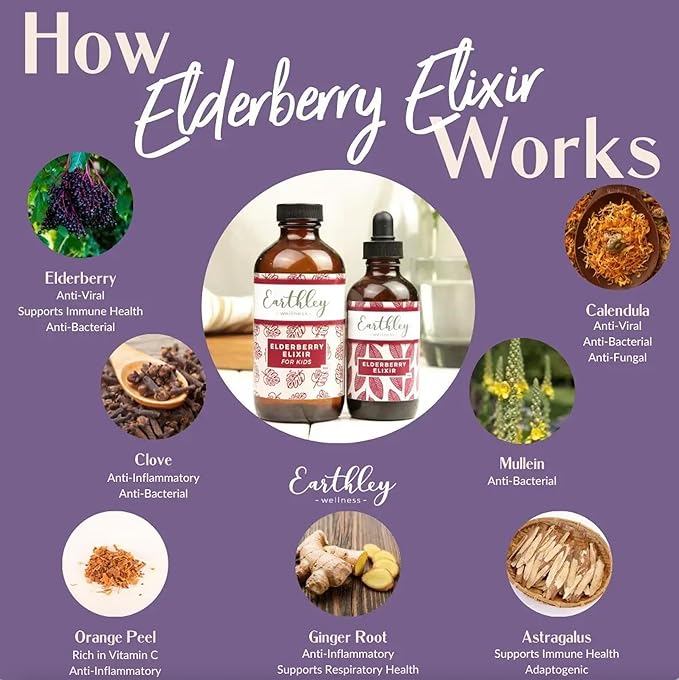 Earthley Elderberry Herbal Extract, Powerful Immune & Respiratory Support, Herbal Elderberry, Syrup Alternative, Organic & Alcohol-Free (2oz, Kids)