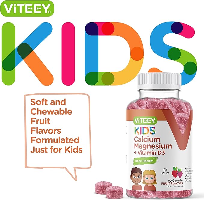 VITEEY Kids Calcium Gummies + Vitamin D3 & Magnesium Citrate for Kids and Teens - Supports Bone Health, Immune Support, Energy & Muscle Function - Gluten Free, GMO Free - Tasty Chewable Fruit Flavored
