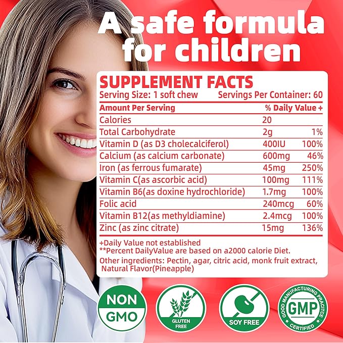 Chewable Iron Supplement for Women & Men and Kids - Strawberry Flavor, Iron Vitamin C Soft Chew for Max Absorption, Iron as Ferrous Fumarate, Ideal for Iron Deficiency, 2 Month Supply