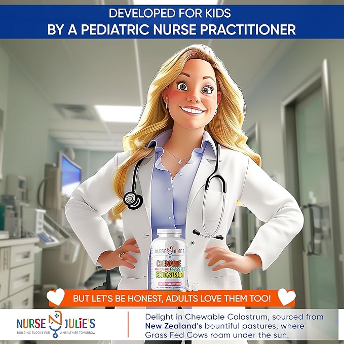 Nurse Julie's Chewable Colostrum Tablets for Kids - 100% Grassfed New Zealand Colostrum - Immune Support, Gut Health in Children - 60 Tablets - 2 Month Supply