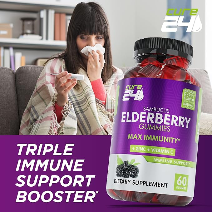 Sambucus Elderberry Gummies + Vitamin C + Zinc for Kids & Adults, X3 Immune Support, Natural Flavors + Ingredients, Vegan, Non-GMO, Made in USA (60)
