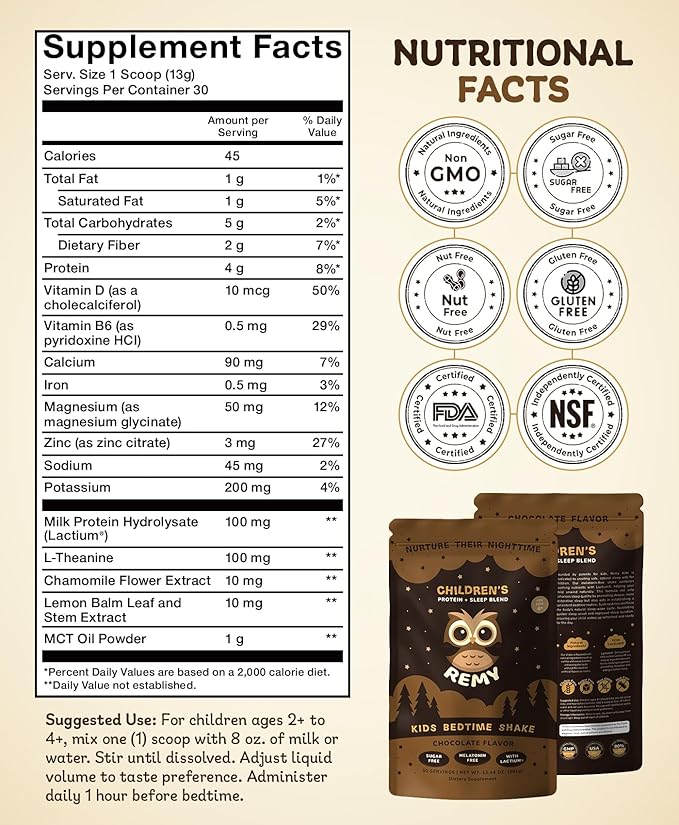 Remy Kids Protein Sleep Aid Supplements, Melatonin-Free Formula, Lactium®, L Theanine, VIT D, B6, Calcium & Herbal Extracts Sleep Aid for Kids, Balanced Nutritional Drink, Non GMO & Preservatives