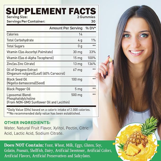 Liposomal Oregano Oil Gummies, Organic Chewable Oil of Oregano with Black Seed Oil for Kids & Adults, Immune System & Gut Health, Natural Pineapple Flavor, 60 Count