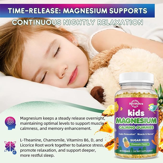 Kids Magnesium Gummies, Magnesium Glycinate Gummies for Kids & Adults with L-Theanine, Chamomile, Licorice, Vitamin D, B6 for Sleep, Relaxation, Brain & Muscle, Sugar Free Pineapple 60ct