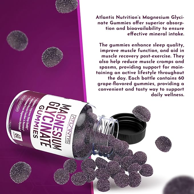 Atlantis Nutrition Magnesium Glycinate Gummies 700mg – Vegan Magnesium Glycinate for Kids & Adults – Muscle Support & Enhanced Sleep - Delicious Grape Flavor - for Whole Family - 60 Count