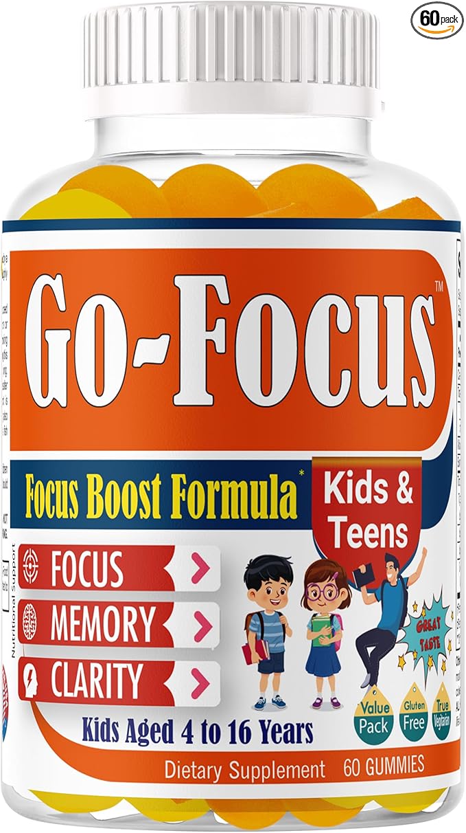 Brain Supplements for Memory and Focus, Omega 3 & DHA Focus Gummies for Kids, Memory Booster Focus Supplement for Kids & Teens- Low-Sugar, Natural Fruit Flavor 60 Gummies