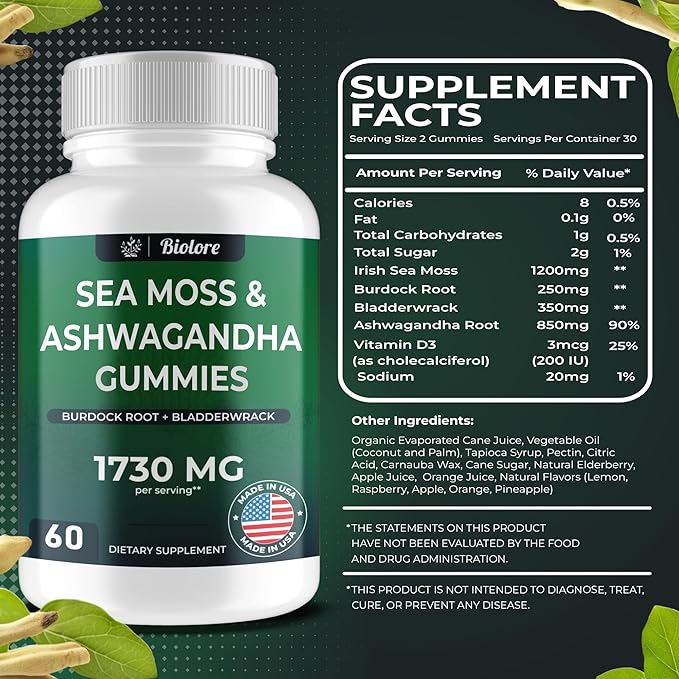 Sea Moss Gummies with Ashwagandha, Irish Sea Moss, Burdock Root, Bladderwrack - Gummies for Adults, Kids, Men, Women - Vegan, Gluten-Free