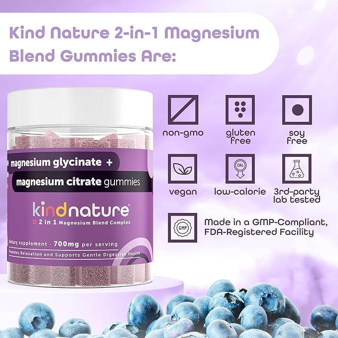 Kind Nature Potassium & Magnesium Gummies for Adults & Kids - Potassium Supplement 500mg & 1000mg Magnesium Citrate & 400mg Magnesium Glycinate Chewable Gummies