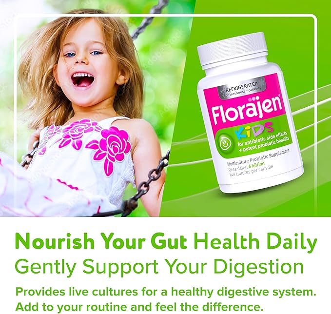 Florajen Kids Probiotics, Daily Gut Health & Immune Support Supplement, Constipation and Bloating Relief, 60 Capsules (Refrigerated)