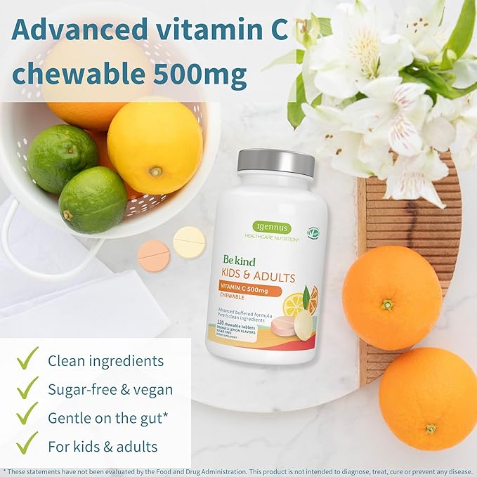 Igennus Gentle Buffered Vitamin C Chewable 500mg, No Artificial Colours & Natural Sugar Free Orange & Lemon Flavours, Kids & Adults, Vegan, Non-GMO, 120 Servings
