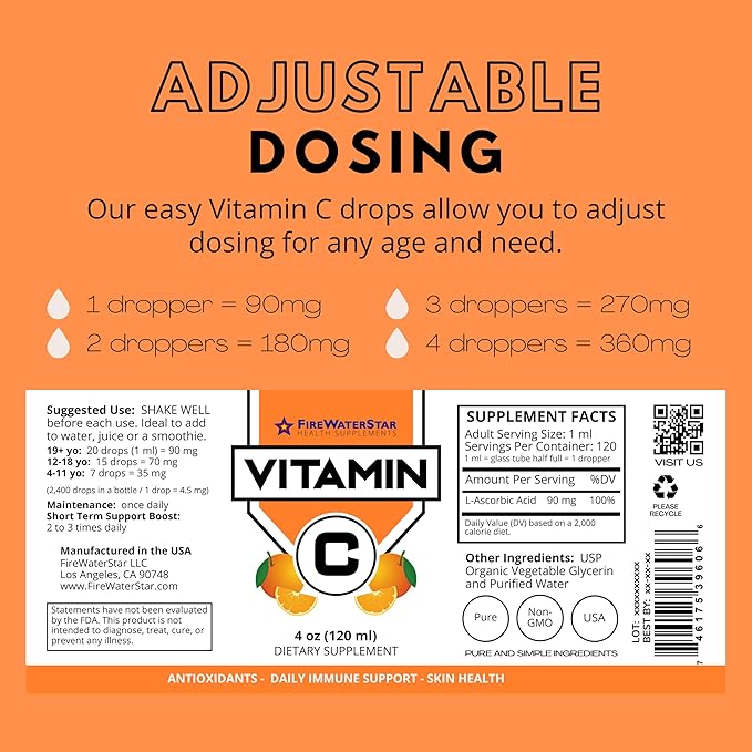 FWS Vitamin C Liquid Drops for Adults and Kids - 4oz - Supports a Healthy Immune System, Collagen, Skin Health, Healthy Aging - Organic, Non-GMO, Vegan - Easy Dosing, 120 Servings