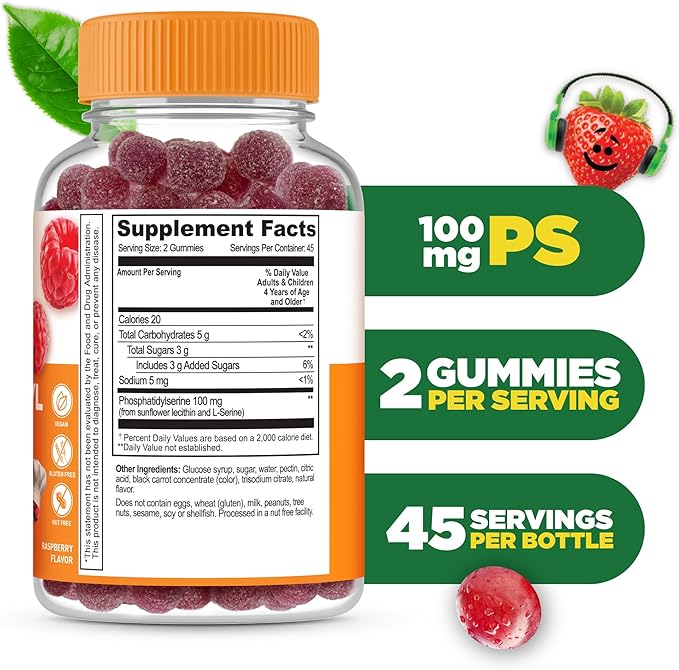Lifeable Phosphatidylserine (ps100) Kids | 100mg Kids Focus Gummies | Great Tasting Phosphatidylserine Supplement | Focus Supplement for Kids | 90 Gummies