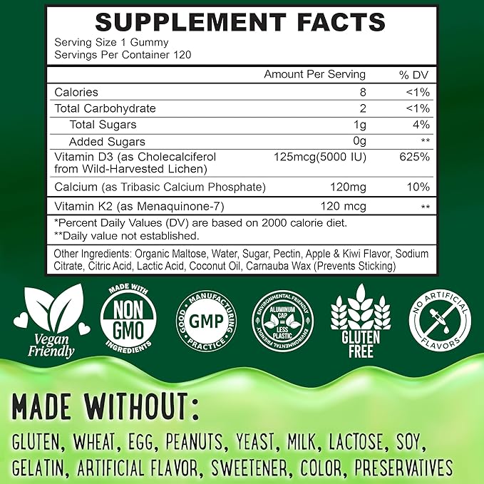 Center-Filled Vitamin D3 K2 Gummies - Kids, Teens & Adults - Supplement for Healthy Teeth, Bone, Energy & Immunity - 5000 IU D3, 120 mcg K2(MK-7), 120 mg Calcium - Vegan & Non-GMO - 120 Count