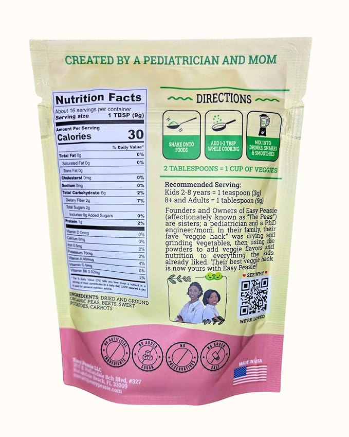 Easy Peasie Organic Vegetable Powder Blends for Picky Eaters | Veggie Additive for Kids (Red 5oz Pouch)
