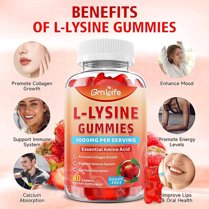 L-Lysine 1000mg Gummies, Chewable Lysine Supplement for Adults & Kids, Essential Amino Acid Supplement for Immune Support, Collagen Formation Support, Strawberry, 60 Count