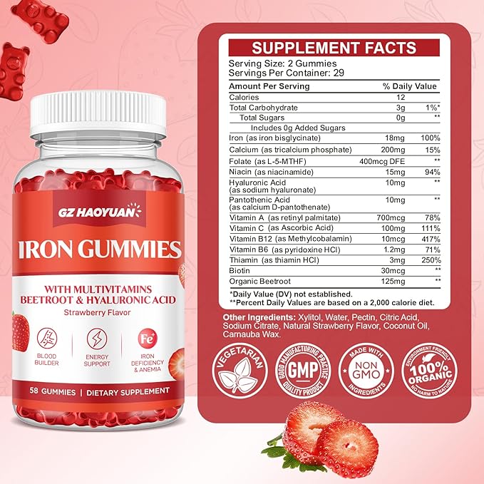 Iron Gummies for Women & Kids - Iron Supplement Gummies with Multivitamin for Blood Builder, Energy, Iron Deficiency & Anemia - Sugar Free Strawberry 58 ct