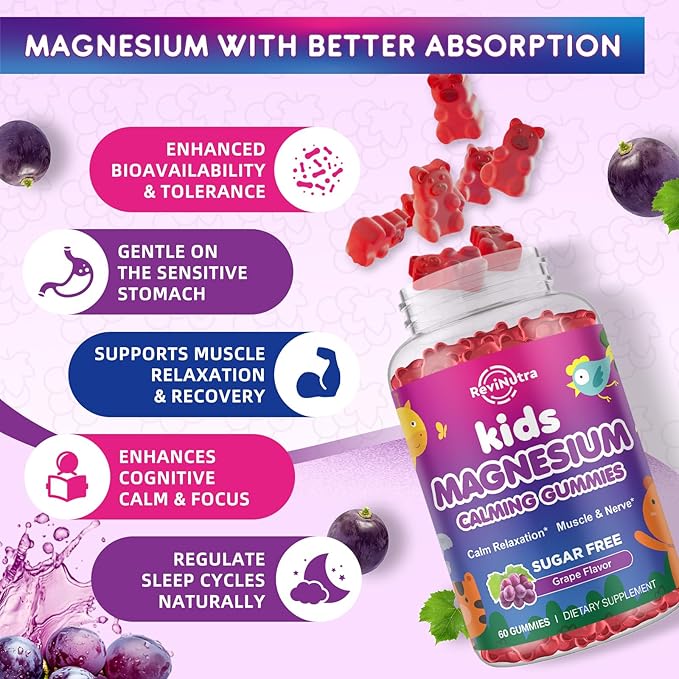 Kids Magnesium Glycinate Gummies - Magnesium Supplement Gummies with L-Theanine, Chamomile, Licorice, Vitamin B6, D for Kids & Adults Sleep, Stress, Muscle Relief & Nerve Bone - Sugar Free Grape 60ct