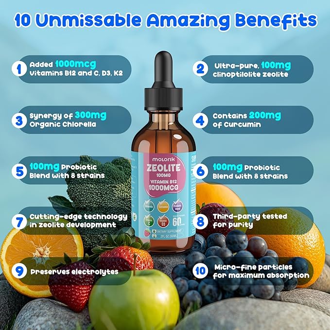Zeolite Detox for Kids & Adults, Zeolite Liquid Drops with 300mg Chlorella, 200mg Curcumin, Vitamin Blend and Probiotic for Speech & Brain Health, Immune, Digestive, Energy, Berry Flavor, 60ML