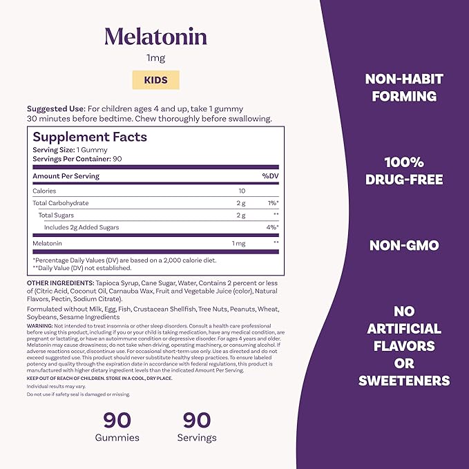 Natrol Kids Melatonin Gummies 1mg, Children's Melatonin for Restful Sleep, 90 Raspberry-Flavored Sleep Gummies, 90 Day Supply