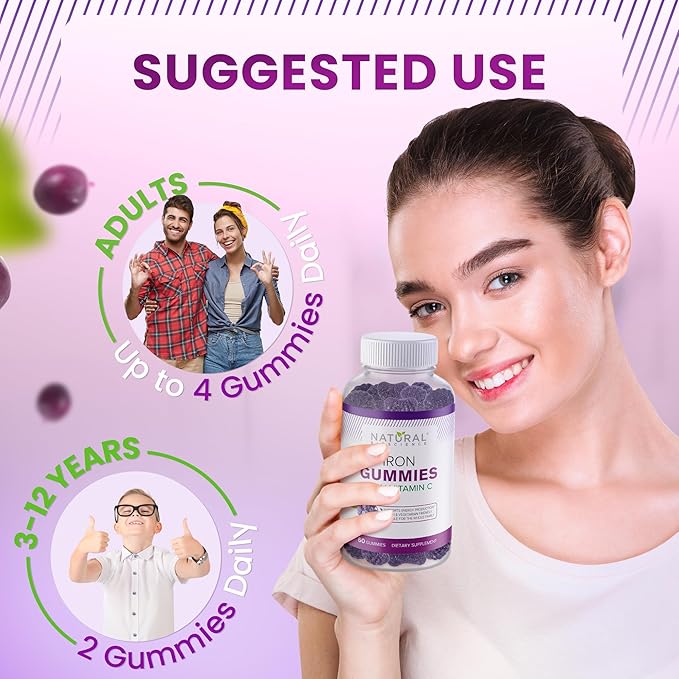 Iron Gummies with Vitamin C - Chewable Iron Supplement for Adults & Kids, Iron Deficiency Anemia, Red Blood Cell Support, Energy, Immune Function, Brain Health, Max Absorption, 60 Vegan Gummies