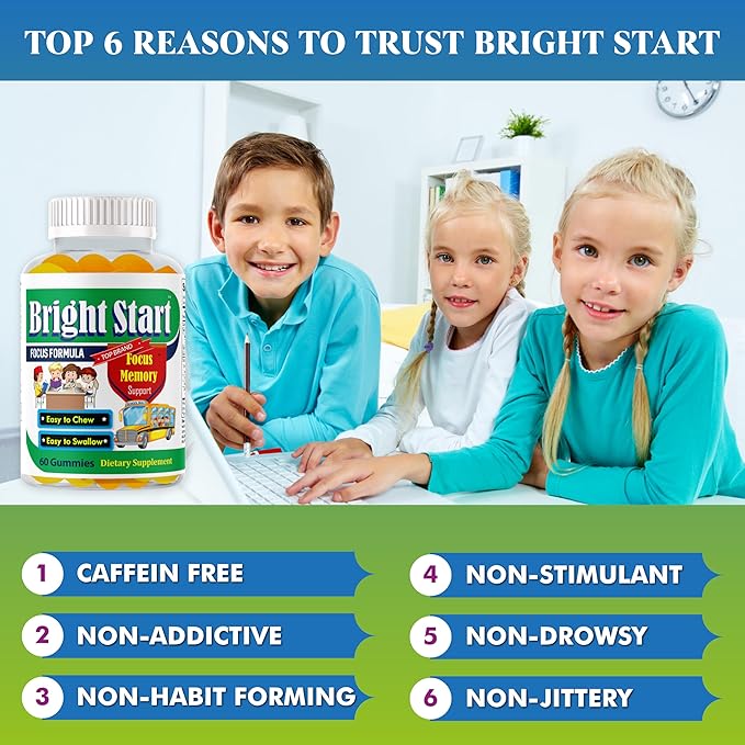 BrightStart Brain Focus Vitamins for Kids & Teens, Attentive Child Supplement Omega 3 for Kids, Focus Booster Nootropic Supplement Support Attention, Concentration, Cognitive Health 60 Gummy Vitamins