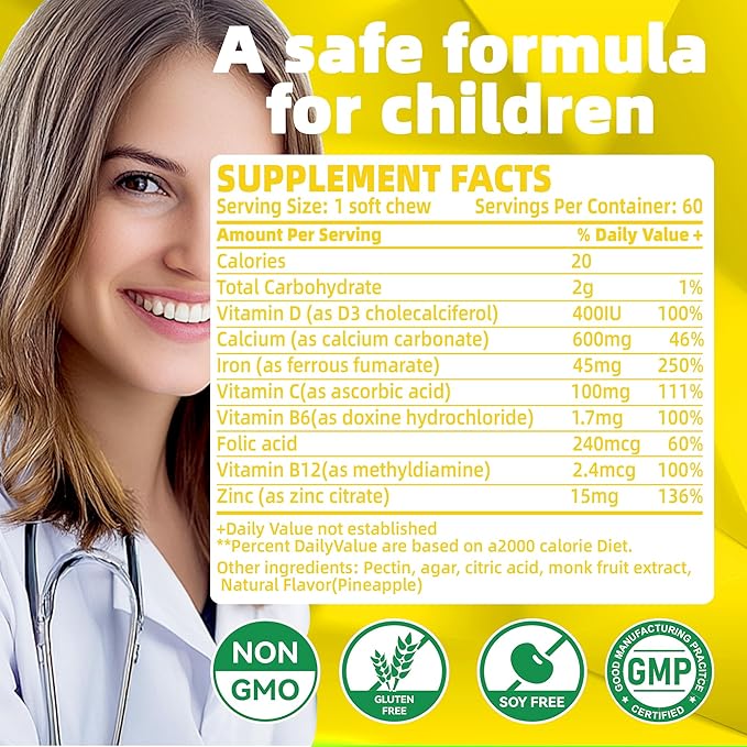 Iron Supplement Chews with Vitamin C for Women Men and Kids, Natural Vegan Iron Soft Chew with Vitamin B6,B12,D, Calcium & Zinc - Energy Support, 60 Pineapple SoftChews,2 Month Supply