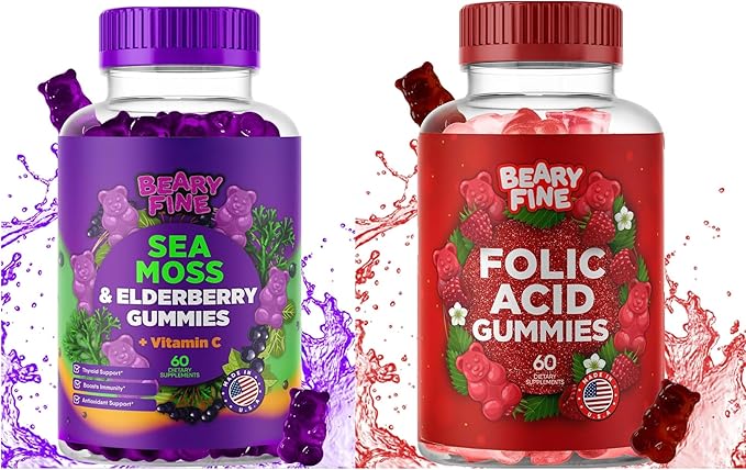 Sea Moss & Elderberry Gummies with Folic Acid – Immune, Thyroid & Prenatal Support for Adults & Kids – Vegan, Non-GMO – 60 Berry-Flavored Gummies – Made in The USA