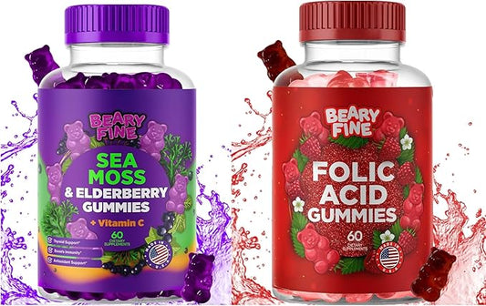 Sea Moss & Elderberry Gummies with Folic Acid – Immune, Thyroid & Prenatal Support for Adults & Kids – Vegan, Non-GMO – 60 Berry-Flavored Gummies – Made in The USA