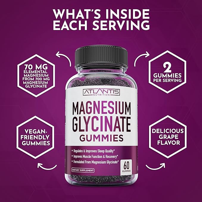 Atlantis Nutrition Magnesium Glycinate Gummies 700mg – Vegan Magnesium Glycinate for Kids & Adults – Muscle Support & Enhanced Sleep - Delicious Grape Flavor - for Whole Family - 60 Count