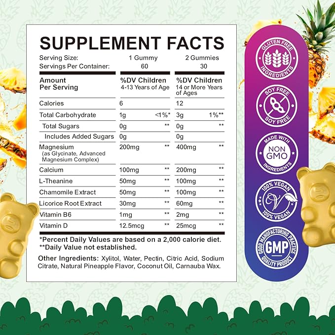 Kids Magnesium Gummies, Magnesium Glycinate Gummies for Kids & Adults with L-Theanine, Chamomile, Licorice, Vitamin D, B6 for Sleep, Relaxation, Brain & Muscle, Sugar Free Pineapple 60ct