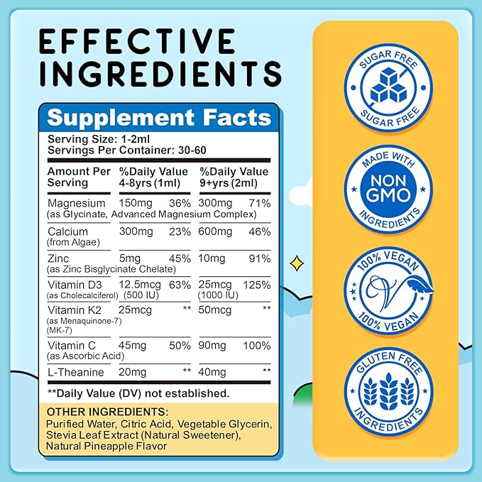 Kids Magnesium Liquid Drops - Magnesium Glycinate Liquid for Kids, Magnesium Supplement with L-Theanine, Calcium, Zinc, Vitamin D3 K2 for Sleep Calm Relaxation Brain Bones, Pineapple Flavor 2 Fl Oz