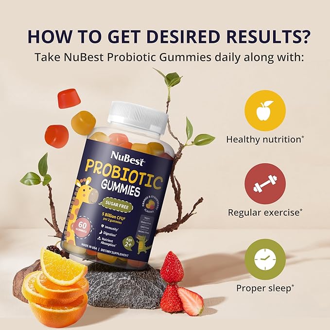 NuBest Probiotics Gummies for Digestive, Gut Health & Immunity with 5 Billion CFUs | No Added Sugar | Yummy Strawberry & Orange Flavors | 60 Premium Vegan Gummies for Kids & Teens