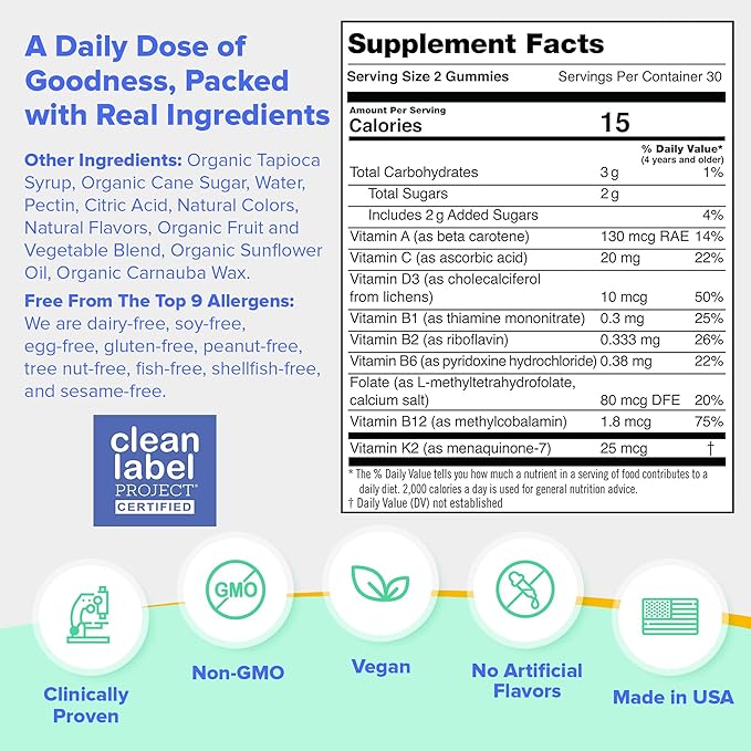 First Day Kids Multivitamin Gummies - Multivitamin for Kids Ages 4+, Delicious Strawberry & Orange, Beta Carotene, Fruit & Vegetables - Childrens Vitamins for Immunity & Brain Function - 30 Day Supply