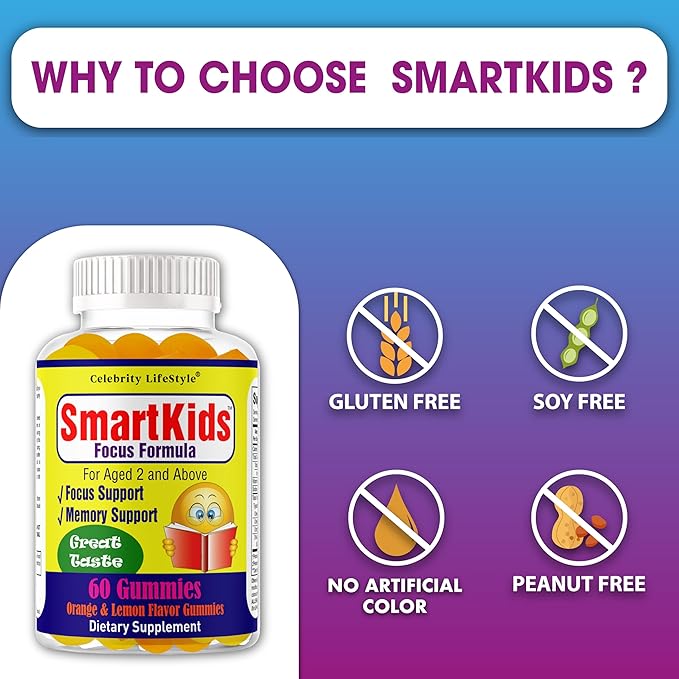 Smartkids Brain Booster Focus Gummies for Kids & Teens, Omega 3 DHA Gummy Vitamins, Nootropics Brain Support Supplement, Memory Supplement for Brain (1 Bottle) 60 Gummies