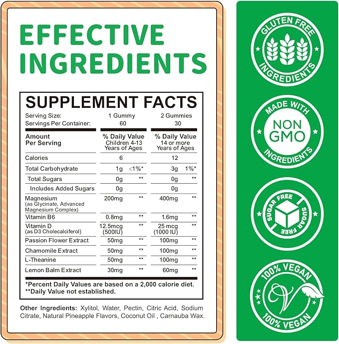 Magnesium Gummies for Kids - Magnesium Glycinate Gummies Supplement with L-Theanine, Vitamin B6, D3 for Adults & Kids, Calm Magnesium for Sleep, Relaxation, Brain, Bones,Sugar Free Pineapple 60ct