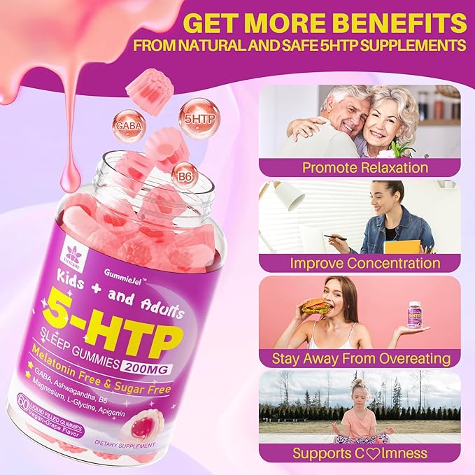 5HTP Gummies for Adults & Kids 8+, Melatonin Free Gummies with Magnesium Glycinate, GABA, L-Glycine, Ashwagandha, Vitamin B6 for Delicious Zzzs, Brain & Muscle Relaxation, 0 Sugar 60 Count (Pack of 2)