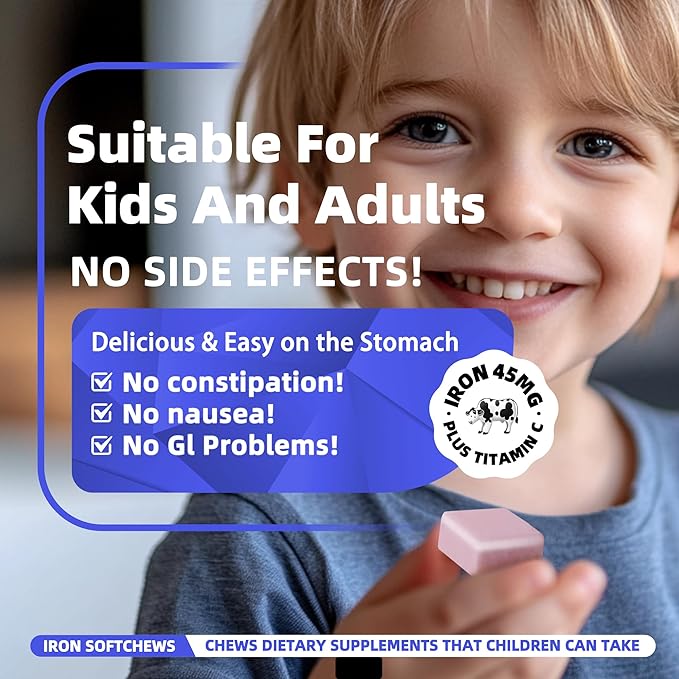 Iron Supplement Chews with Vitamin C for Women Men and Kids, Natural Vegan Iron Soft Chew with Vitamin B6,B12,D, Calcium & Zinc - Energy Support, 60 Blueberry SoftChews,2 Month Supply