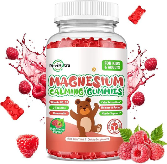 Magnesium Gummies for Kids - Magnesium Glycinate Gummies Complex with L-Theanine, Vitamin B6, D3 for Kids & Adults Calm, Sleep, Relaxation, Brain, Bones,Sugar Free Raspberry 60ct