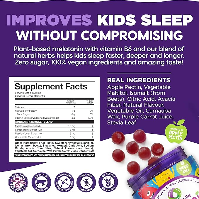 NUTRAMIN Kids Sleep Gummy - Sugar-Free & Vegan - 100% Natural Sleeping Aid with Melatonin Sleep Gummies for Kids - Hypoallergenic, Halal, Kosher, Non GMO - Dark Cherry - 90 Count