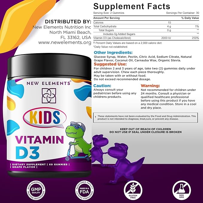 Vitamin D3 Gummies 2000 IU for Kids Sugar Free | Natural Vitamin D Chewable Gummy Supplement for Healthy Bones, Mood, & Immune Support | Vegan, Gluten-Free, Non-GMO, Natural Grape Flavor